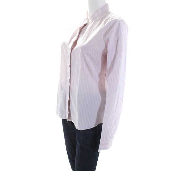 Theory Womens High Neck Striped Long Sleeve Button Up Shirt Blouse Pink Large - Picture 2 of 6